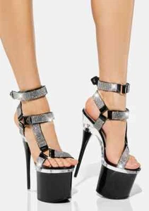 Bulls Negro Delgado Stiletto 8" Tacón Estrás Arnés Correa Plataforma Zapatos - Imagen 1 de 4