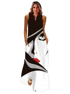 Ladies Spring Summer Long Black Print Face Dress Women Sleeveless Loose & Casual - Picture 1 of 2