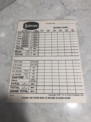Almohadilla de tarjeta de puntuación Yahtzee vintage rara solo pieza de repuesto 1975 S70 Foto 1 de 4