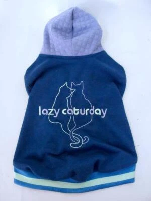 Cat Hoodie Sweatshirt Sweater "Lazy Caturday" L XL Embroidered  Shirt Blue Green - Image 1 of 4