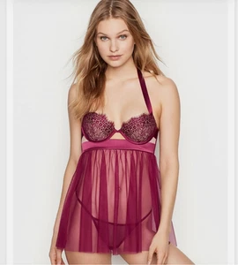 Victoria's Secret Babydoll 32B weinrot Satin Tüll Netz Spitze Slip Dessous Push-up - Bild 1 von 7