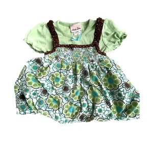 Little Lass short sleeve bubble dress green brown floral lightweight Size 3T - Picture 1 of 4