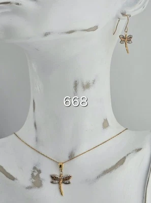 1.08g 9ct Multi Tone Gold Dragonfly Necklace & Hook Earrings Yellow Rose 375 9kt - Image 1 of 4