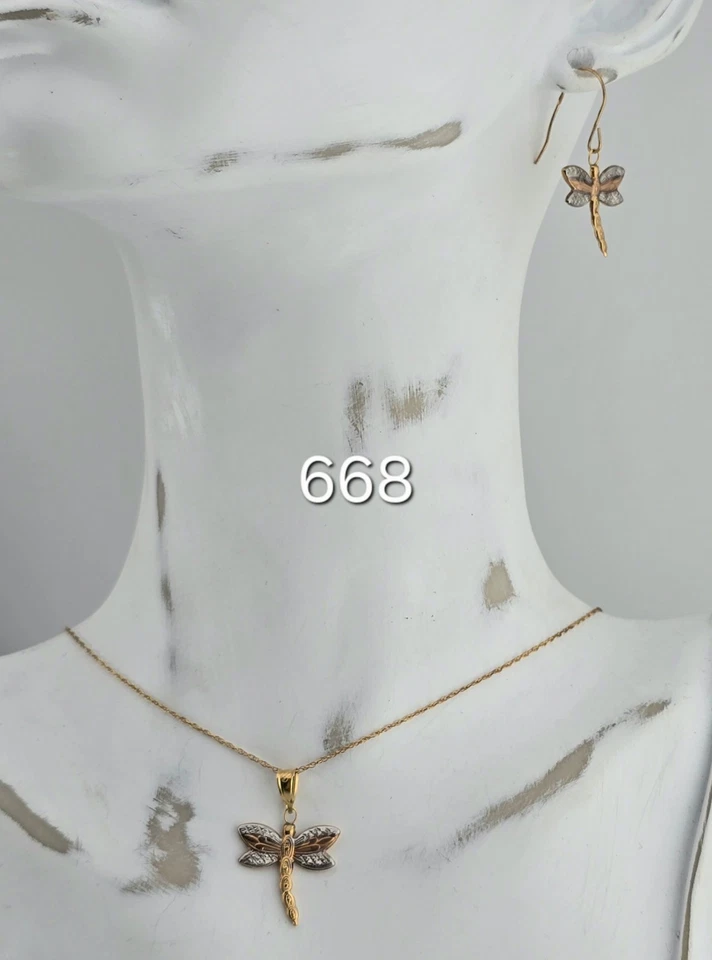 1.08g 9ct Multi Tone Gold Dragonfly Necklace & Hook Earrings Yellow Rose 375 9kt - Image 1 of 4