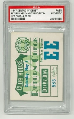 Kentucky Derby 1947 verificación de devolución piloto de avión Churchill Downs PSA boleto pase Foto 1 de 2