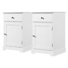 Bedside Table w/ 1 Drawer and Slatted Door, Nightstand Cabinet for Bedroom, 2pcs