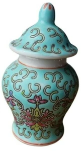 Tarro de jengibre de porcelana pintado a mano chino vintage baratija marcada 3,5" aguamarina LEER  - Imagen 1 de 8