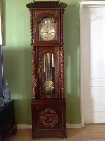 Tempus Fugit Grandfather Clock Asian Wood Carving Dragon Pagoda German /Asian Cover