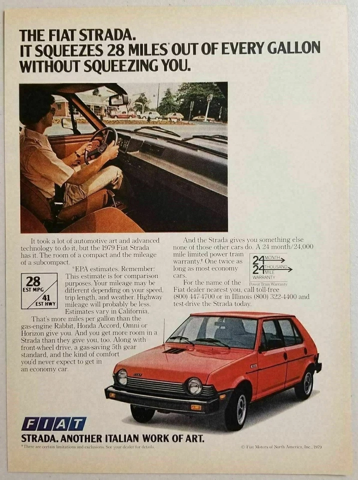 1979 Печатная реклама Fiat Strada 4-дверный итальянский автомобиль 28 миль на галлон - Изображение 1 из 1