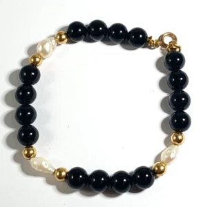 14K Gold Clasp Black Onyx Pearl Bead Bracelet ~Small Size, 6 inches - Picture 1 of 5