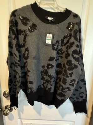 NWT DKNY Charcoal Grey Black Leopard Pattern Sequin  Accent Sweater Large - Image 1 of 4