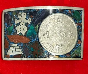 925 Sterling Silver & Gemstone Belt Buckle Mexico Aztec - Picture 1 of 7