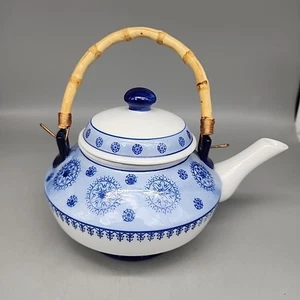 Weltmarkt Teekanne blau weiß mit Bambusgriff Porzellan Weltmarkt - Bild 1 von 5