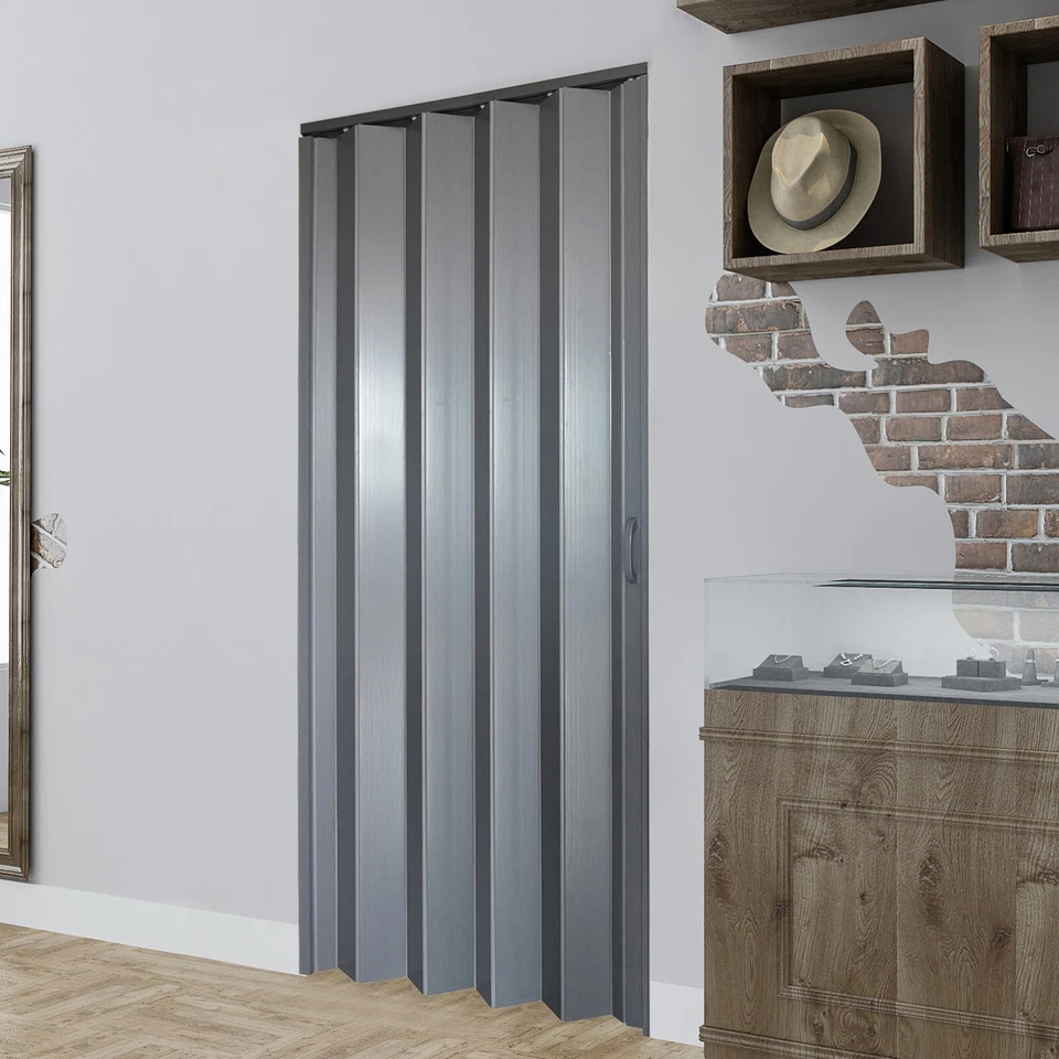 Porta de acordeão de PVC dobrável interior cinza, inclui porta e ferragens, alça, trava - Imagem 1 de 4