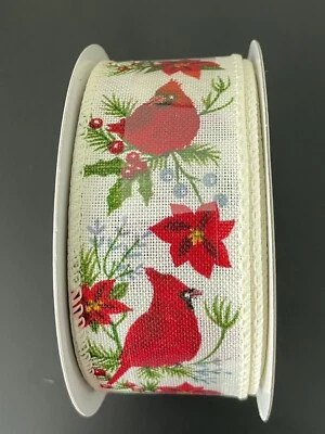 New "Celebrate It" White & Red  Holiday Cardinals Wired Ribbon 1 1/2 in. x 30 Ft - Image 1 of 4
