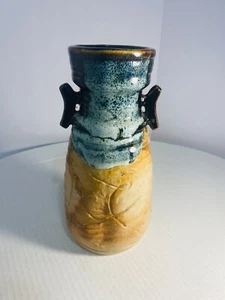 10" Tall Vintage Japanese Vase in Brown and Blue Glazed Ceramic with Double Ears - Picture 1 of 23
