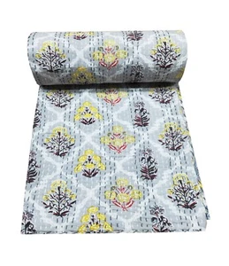 Vintage Hand Block Cotton Floral Kantha Quilt King Size Throw Blanket Bedspread - Picture 1 of 4