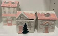 Peppermint and Pine Pink Christmas House Cookie Jar/Canister Village Set Of 3