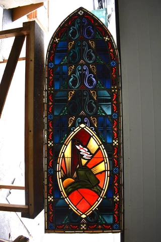 Older Stained Glass Church Window, 'Resurrection Tomb', 79" HT (CU55) chalice co Cover