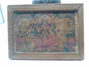Vintage Lithograph Print Of Deities Saraswati Lakshmi & Ganesha Framed 7.5 x 5.5 - Picture 1 of 5
