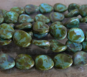 Turquoise Picasso Twisted Oval Czech 12 Pcs Glass Beads 12x9mm - Picture 1 of 4