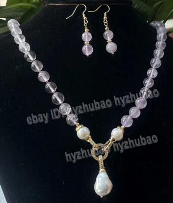 Collar colgante de cristal de perlas barrocas cuentas de amatista redondas de 8/10 mm + juego de pendientes Foto 1 de 4
