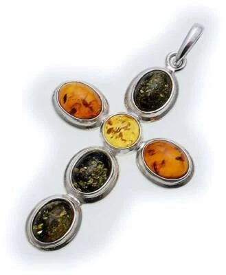 Ciondolo In Vero Ambra A Croce In Argento 925 Argento Sterling Unisex Qualità - Immagine 1 di 2