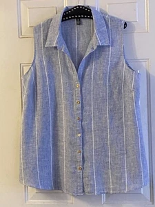 NEW Ellen Tracy Sz 1X Linen Blouse Button Up Sleeveless Blue/White Striped - Picture 1 of 9