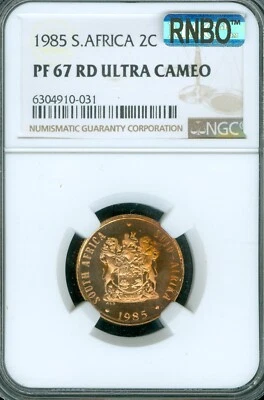 1985 SOUTH AFRICA 2 CENTS NGC PF67 UCAM RD MAC RNBO RAINBOW . - Image 1 of 2