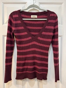 2000s Y2K Striped Fitted Long Sleeve V Neck Sweater Size S Emo Grunge Layering - Picture 1 of 9