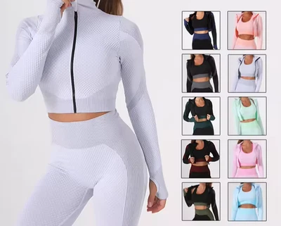 Mujeres Damas 3 Piezas Traje de Yoga Manga Larga Entrenamiento Gimnasio Conjunto - Chaqueta Leggings Sujetador Foto 1 de 4