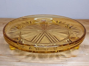 Vintage Cake Stand Plate Amber Glass Pressed Footed MCM 60s 70s Serving Retro - Picture 1 of 5