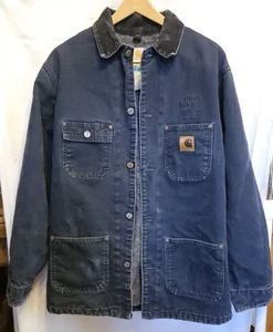 Carhartt Vtg Navy Blue Canvas Blanket Lined Chore Barn Work Jacket Large Tall - Picture 1 of 11