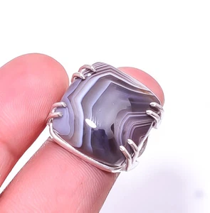 Natural Banded Agate -Botswana Solitaire 925 Sterling Silver Ring s.6.5 R243 - Picture 1 of 2