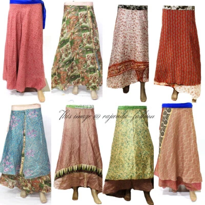 Indian Silk Sari Floral Magic Wrap Around Skirt Reversible Hippie Gypsy Dress - Image 1 of 4