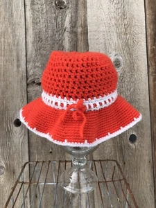 Vintage Handmade Crochet Bucket Hat Bright Orange - Picture 1 of 6