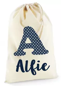 Personalised Boys Initial Cotton Drawstring Bag Vintage Blue Stars Birthday Gift - Picture 1 of 11