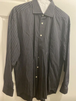 Hathaway Platinum Mens Long Sl Italy Button Down Shirt Black Stripes Cotton XL - Image 1 of 4