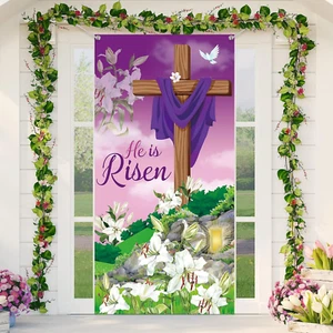 Happy Easter Day Decorations Easter Door Cover Easter Religious Door Cover He Is - Picture 1 of 12