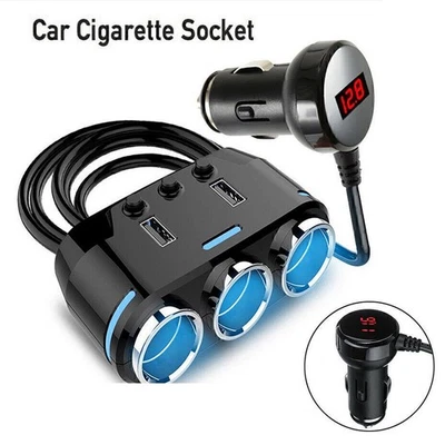 3-Way Cigarette Lighter Socket Splitter Power Adapter Dual USB Port Car Charger - Image 1 of 4