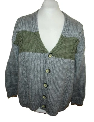 Cárdigan hecho a mano para hombre 100 % lana grueso aprox. talla XL gris verde - Imagen 1 de 4