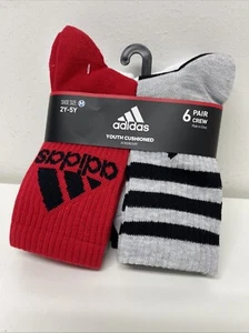 adidas Kids Boy's Girls Cushioned Crew Socks 6-Pk Size M/Shoe size 2Y-5Y Mixed - Picture 1 of 5
