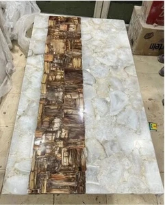 8'x4' Bezaubernde Weiß Achat & Versteinertes Holz Esstisch Modern Home Möbel - Bild 1 von 6