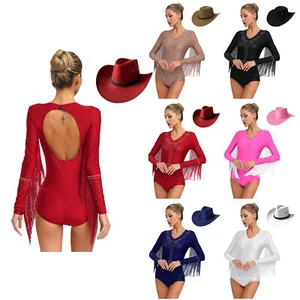 Women Latin Tango Dance Costume Shiny Tassel Leotard Ballroom Dancewear with Hat - Picture 1 of 75