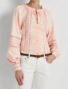 LAUREN RALPH LAUREN Embroidered Jersey Tie-Neck Top Pale Pink, Medium, $145 - Picture 1 of 5