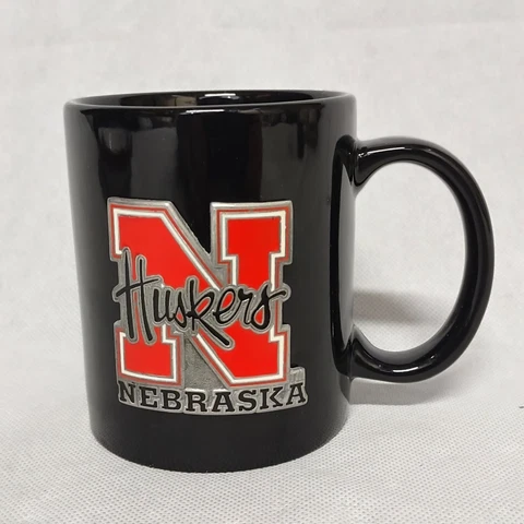 Nebraska Cornhuskers Ceramic Coffee Mug Black Metal Attached Emblem Cover