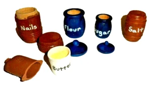 DOLLHOUSE MINIATURES KITCHEN CANISTERS WOOD FLOUR SUGAR BUTTER SALT - Bild 1 von 3