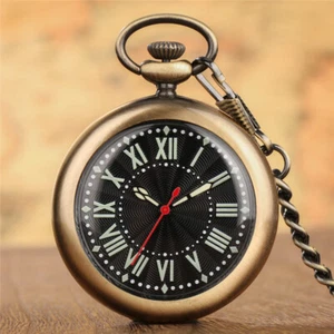Antico Orologio Da Tasca Quarzo Bronzo Quadrante Luminoso Numero Romano Catena FOB - Foto 1 di 10