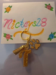 Handgefertigter UV Harz Schlüsselanhänger Buchstabe T in Gold mit weiß/goldfarbenem Pfotenabdruck, Quaste neu ohne Etikett - Bild 1 von 4