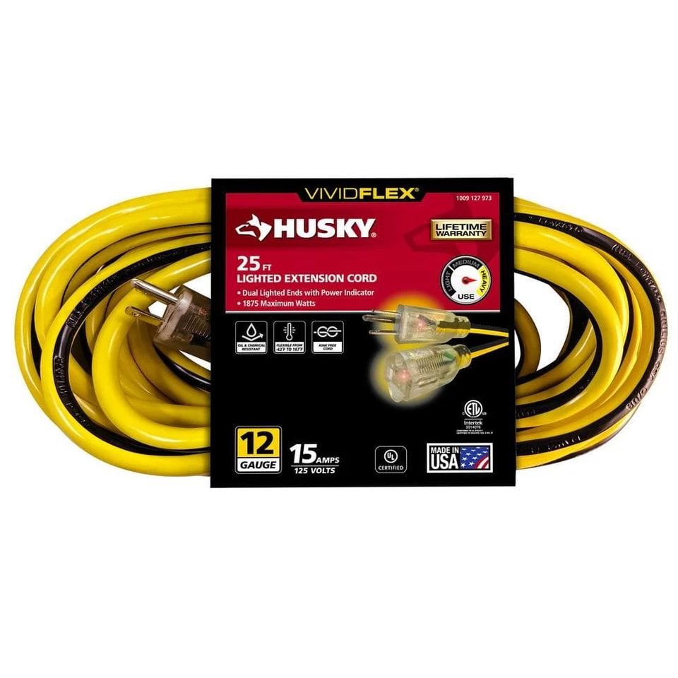 Husky VividFle ft 12/3 Heavy Duty In/Outdoor Extension Cord Lighted End